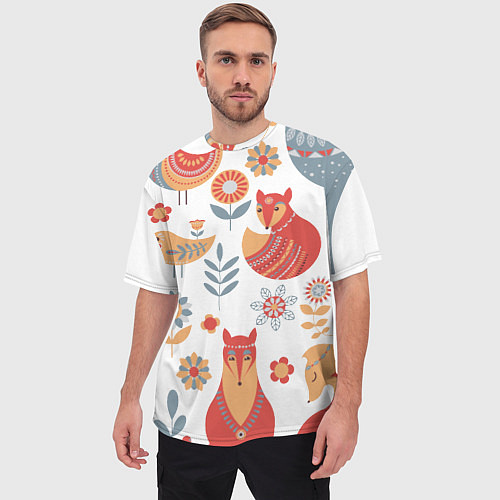 Мужская футболка оверсайз Животные, птицы, растения в скандинавском стиле / 3D-принт – фото 3
