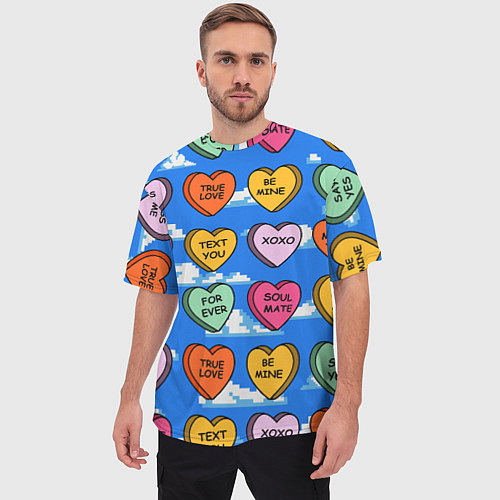 Мужская футболка оверсайз Валентинки конфетки сердечки с посланиями / 3D-принт – фото 3