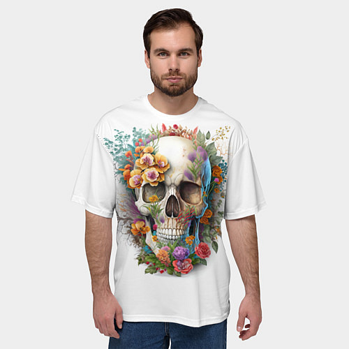 Мужская футболка оверсайз Череп украшенный растениями и цветами / 3D-принт – фото 3