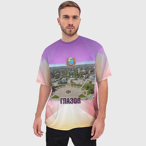 Мужская футболка оверсайз Глазов - Площадь Свободы и вокзал / 3D-принт – фото 3
