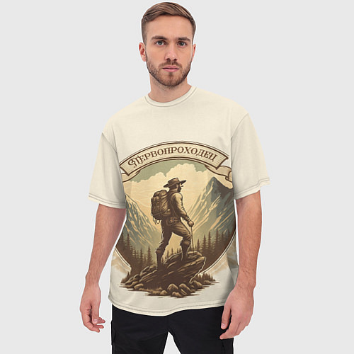 Мужская футболка оверсайз Первопроходец в винтажном стиле / 3D-принт – фото 3