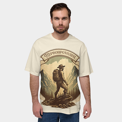 Мужская футболка оверсайз Первопроходец в винтажном стиле / 3D-принт – фото 3
