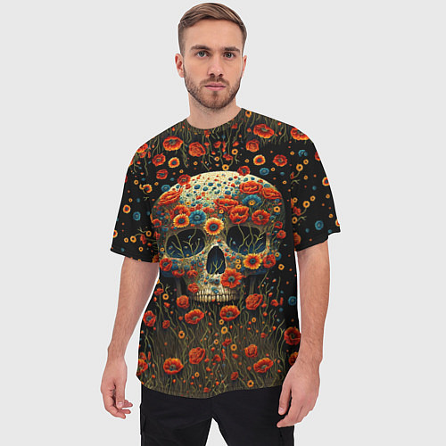 Мужская футболка оверсайз Череп украшенный цветущими маками / 3D-принт – фото 3