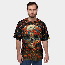 Футболка оверсайз мужская Череп украшенный цветущими маками, цвет: 3D-принт — фото 2