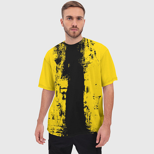 Мужская футболка оверсайз Вертикальная черно-желтая полоса Cyberpunk 2077 / 3D-принт – фото 3