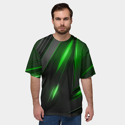 Мужская футболка оверсайз Черные пластины с зеленым свечением / 3D-принт – фото 3