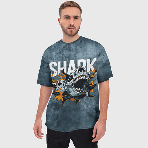 Мужская футболка оверсайз С акулой в стиле Арт на синем мраморе / 3D-принт – фото 3