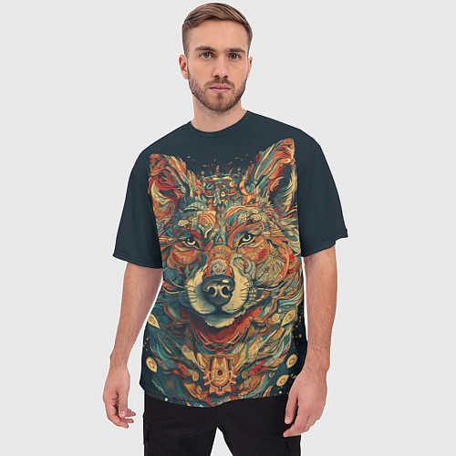 Мужская футболка оверсайз Красивый волк в узорах / 3D-принт – фото 3