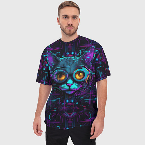 Мужская футболка оверсайз Cat - cyberpunk style / 3D-принт – фото 3