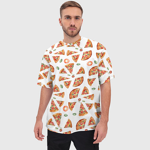 Мужская футболка оверсайз Кусочки пиццы - паттерн на белом / 3D-принт – фото 3