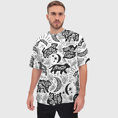 Мужская футболка оверсайз Веточки и лесные звери - паттерн / 3D-принт – фото 3