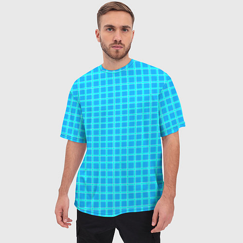 Мужская футболка оверсайз Небесно голубой узор в клетку / 3D-принт – фото 3