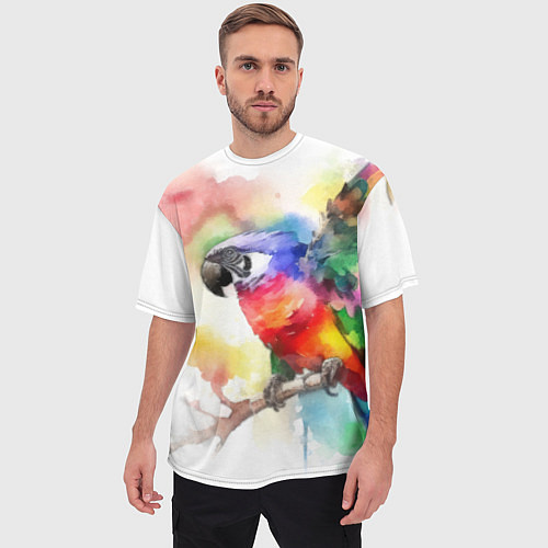 Мужская футболка оверсайз Разноцветный акварельный попугай / 3D-принт – фото 3