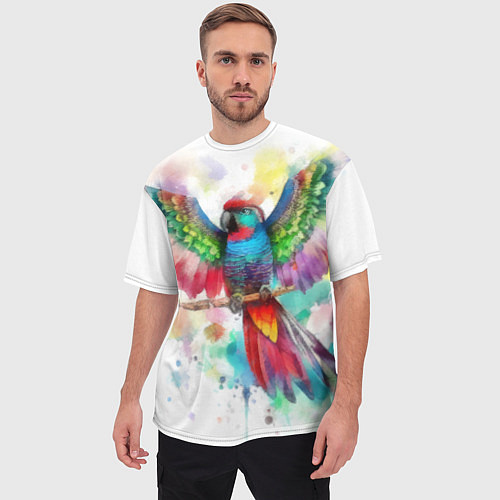 Мужская футболка оверсайз Разноцветный акварельный попугай с расправленными / 3D-принт – фото 3
