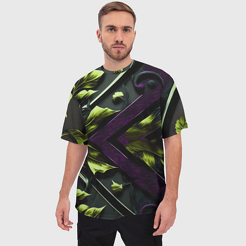 Мужская футболка оверсайз Зеленые листья и фиолетовые вставки / 3D-принт – фото 3