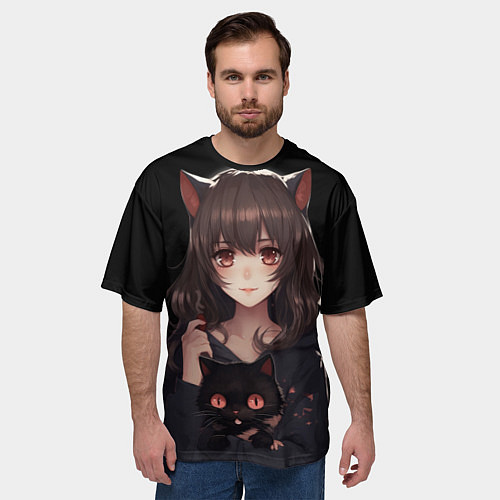 Мужская футболка оверсайз Девушка с черной кошкой / 3D-принт – фото 3
