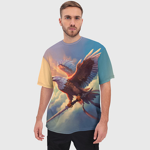 Мужская футболка оверсайз Орел с мечом в облаках на закате / 3D-принт – фото 3