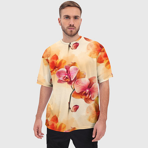 Мужская футболка оверсайз Акварельные цветы - персиковый паттерн / 3D-принт – фото 3