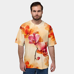 Футболка оверсайз мужская Акварельные цветы - персиковый паттерн, цвет: 3D-принт — фото 2