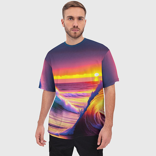 Мужская футболка оверсайз Волны на закате / 3D-принт – фото 3