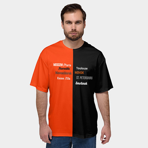 Мужская футболка оверсайз Черно-оранжевый с названиями городов / 3D-принт – фото 3