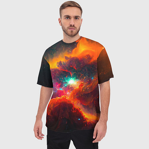 Мужская футболка оверсайз Небула в космосе в оранжевых тонах - нейронная сет / 3D-принт – фото 3