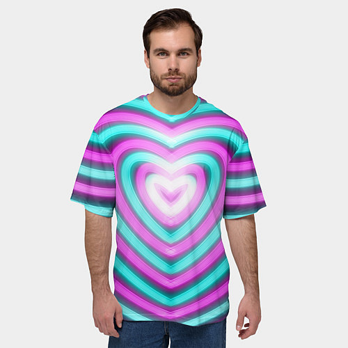 Мужская футболка оверсайз Неоновые сердца / 3D-принт – фото 3