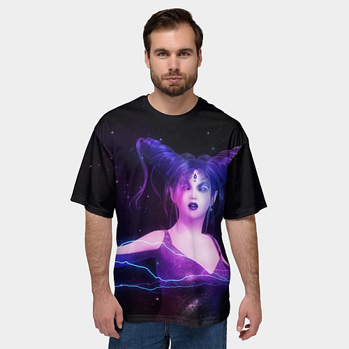 Мужская футболка оверсайз Ведьма с голубыми и розовыми молниями / 3D-принт – фото 3