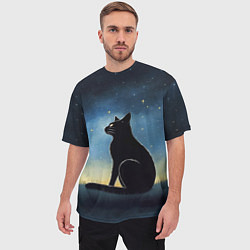 Футболка оверсайз мужская Черный кот и звезды - акварель, цвет: 3D-принт — фото 2