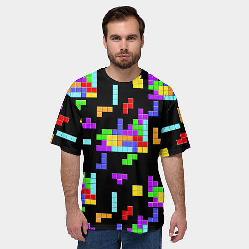 Мужская футболка оверсайз Неоновый тетрис на темном фоне / 3D-принт – фото 3