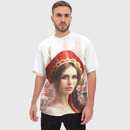 Мужская футболка оверсайз Девушка в кокошнике с косой - кремль / 3D-принт – фото 3
