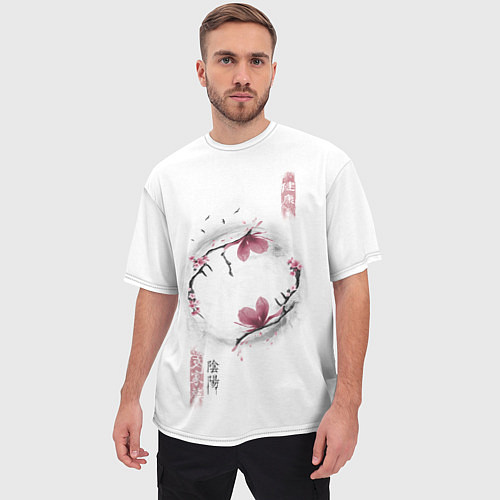 Мужская футболка оверсайз Ветки цветущей сакуры / 3D-принт – фото 3