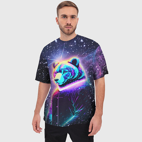 Мужская футболка оверсайз Светящийся космический медведь / 3D-принт – фото 3