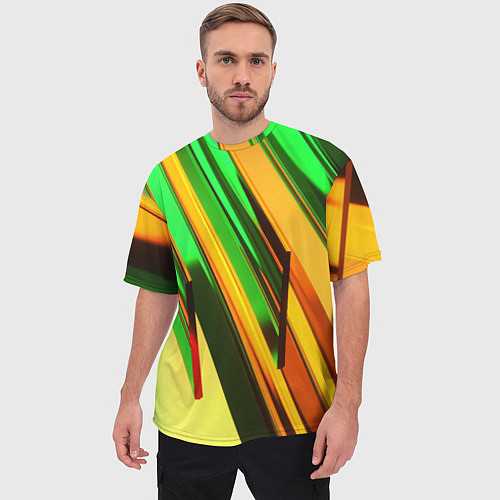 Мужская футболка оверсайз Зелёные и оранжевые пластины / 3D-принт – фото 3