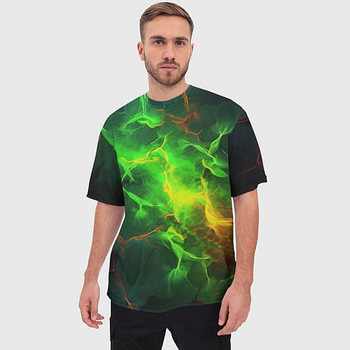Мужская футболка оверсайз Зеленое свечение молния / 3D-принт – фото 3