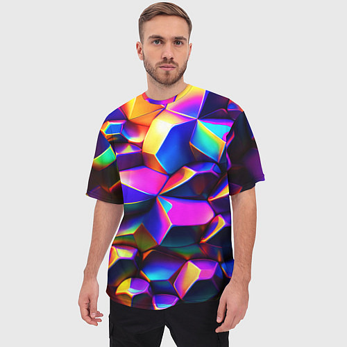 Мужская футболка оверсайз Бензиновые неоновые кристаллы / 3D-принт – фото 3
