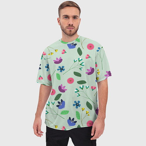 Мужская футболка оверсайз Цветы, веточки и листья / 3D-принт – фото 3