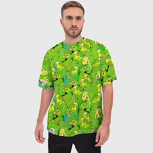 Мужская футболка оверсайз Зеленые волнистые попугайчики / 3D-принт – фото 3
