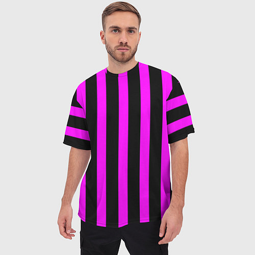 Мужская футболка оверсайз В полоску черного и фиолетового цвета / 3D-принт – фото 3