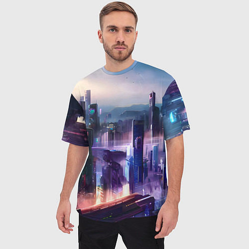 Мужская футболка оверсайз Киберпанк мегаполис / 3D-принт – фото 3