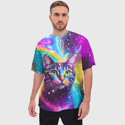 Мужская футболка оверсайз Полосатый кот с разноцветной звездной туманностью / 3D-принт – фото 3