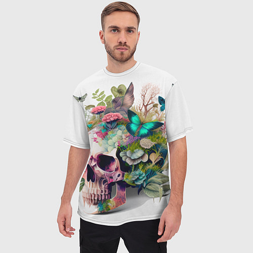 Мужская футболка оверсайз Красивый череп с листьями и бабочками / 3D-принт – фото 3