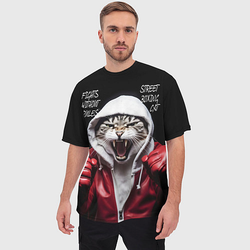 Мужская футболка оверсайз Street boxing cat / 3D-принт – фото 3