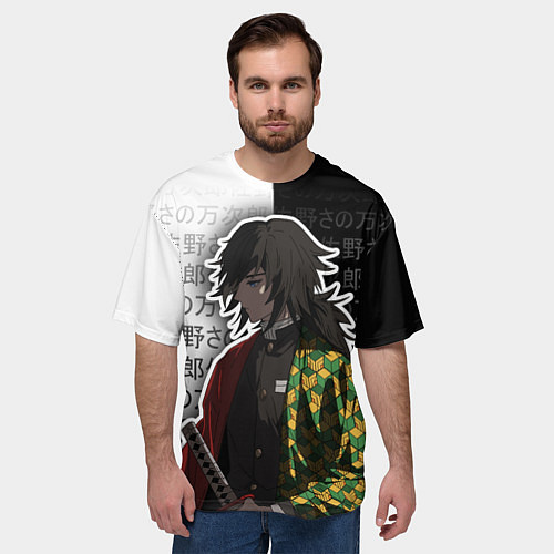 Мужская футболка оверсайз Гию томиока и иероглифы - клинок / 3D-принт – фото 3