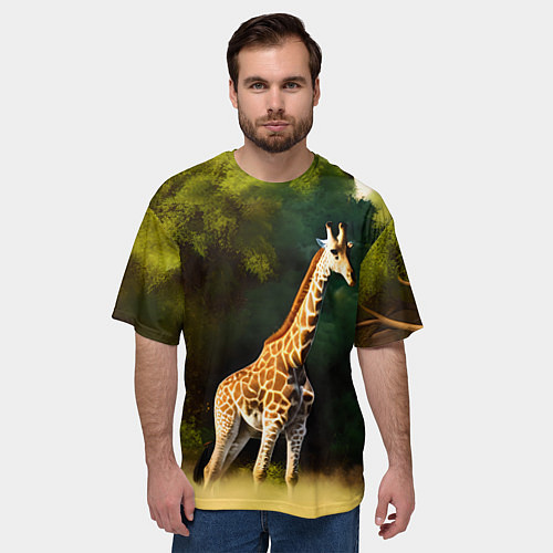 Мужская футболка оверсайз Жираф на фоне деревьев / 3D-принт – фото 3