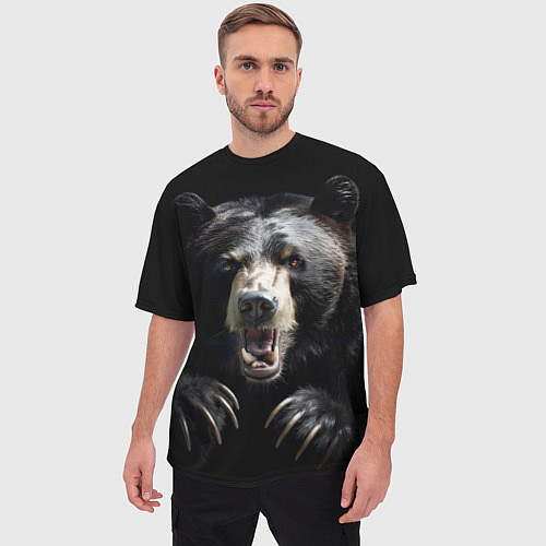 Мужская футболка оверсайз Бурый атакующий медведь / 3D-принт – фото 3
