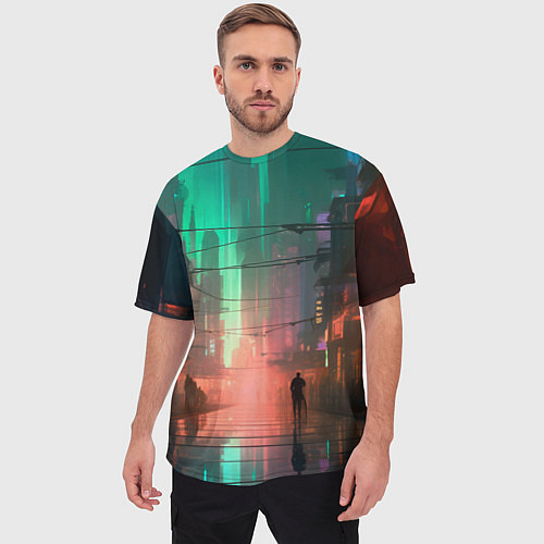 Мужская футболка оверсайз Кибер город будущего / 3D-принт – фото 3