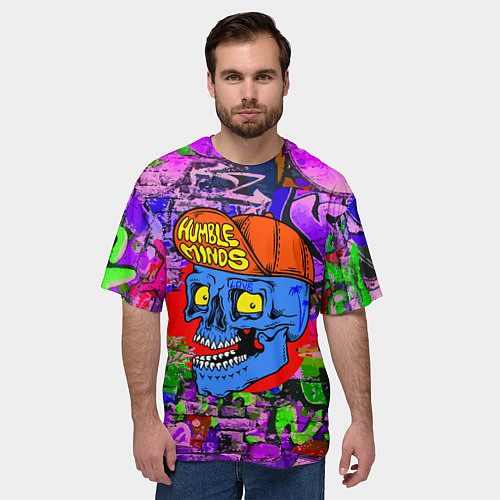 Мужская футболка оверсайз Humble minds - skull - graffiti / 3D-принт – фото 3
