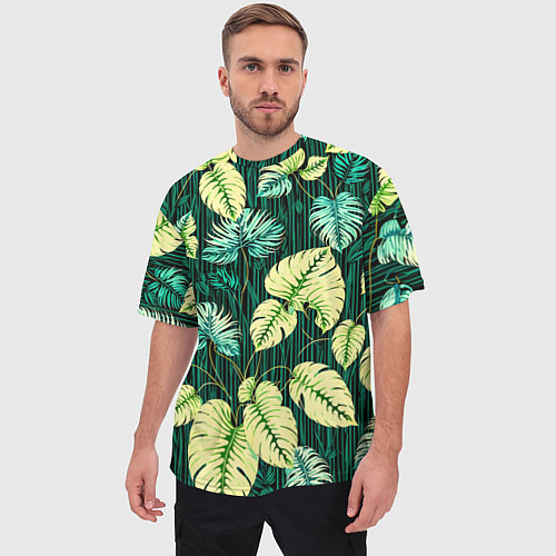 Мужская футболка оверсайз Листья узор тропический / 3D-принт – фото 3