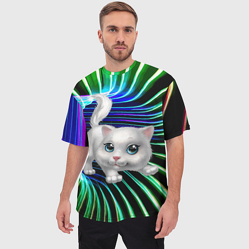 Мужская футболка оверсайз Милая кошечка в космическом портале / 3D-принт – фото 3